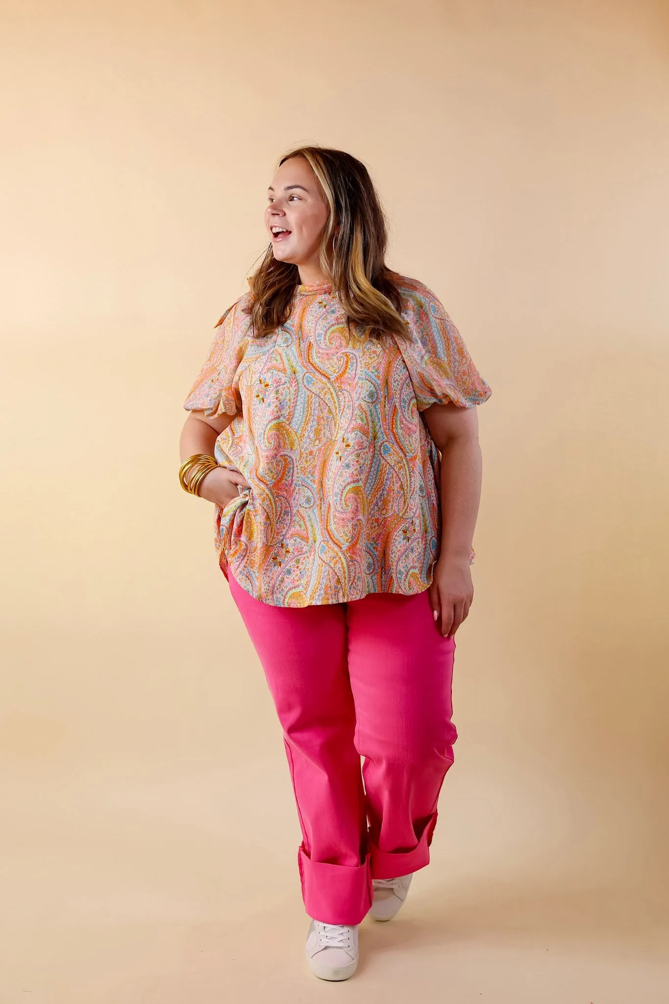 Malibu Pier High-Neck Short Sleeve Top with Open Tie Back in White Multi