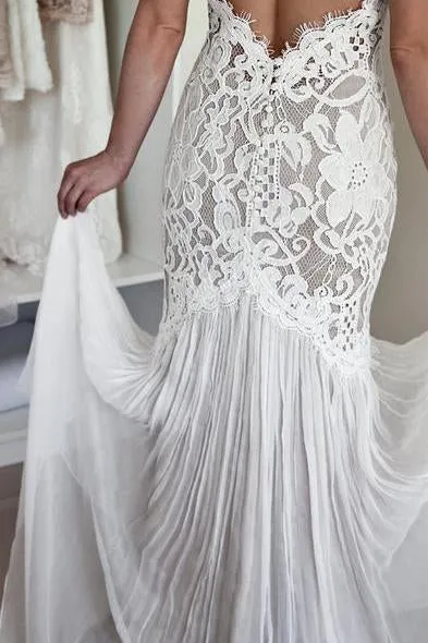 Mermaid Lace Unique Flowy Keyhole Back Long Wedding Dresses PFW0126