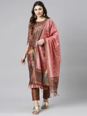 Neeru's Rust Regular Straight Printed Kurta And Trousers With Dupatta