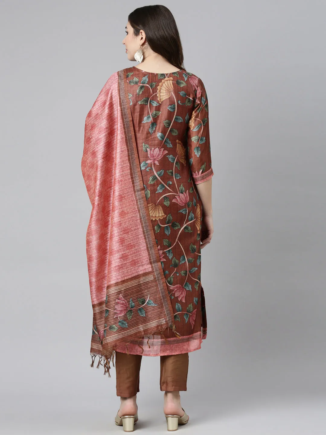 Neeru's Rust Regular Straight Printed Kurta And Trousers With Dupatta