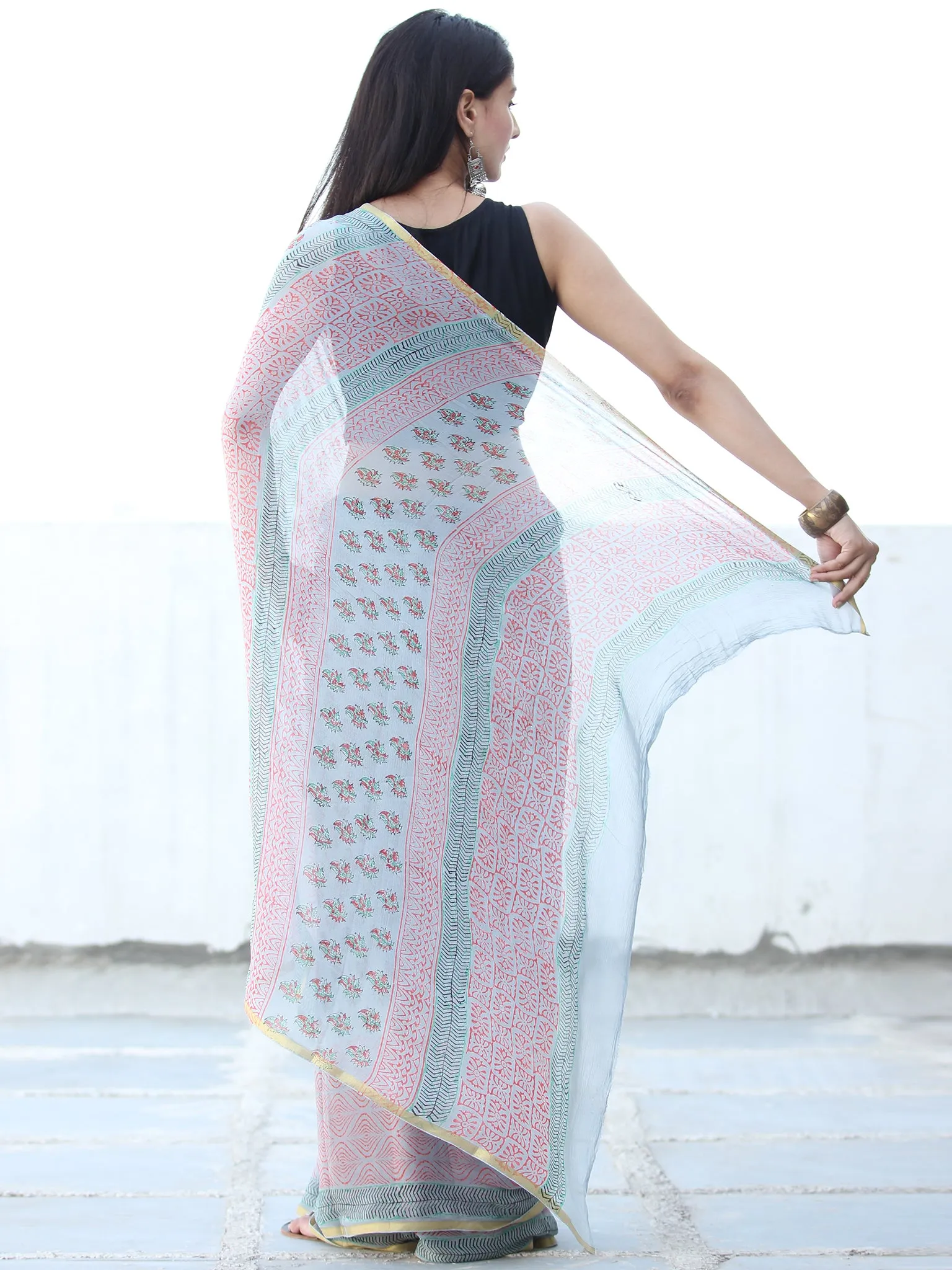 pastel Blue Pink Hand Block Printed Chiffon Saree with Zari Border - S031703938