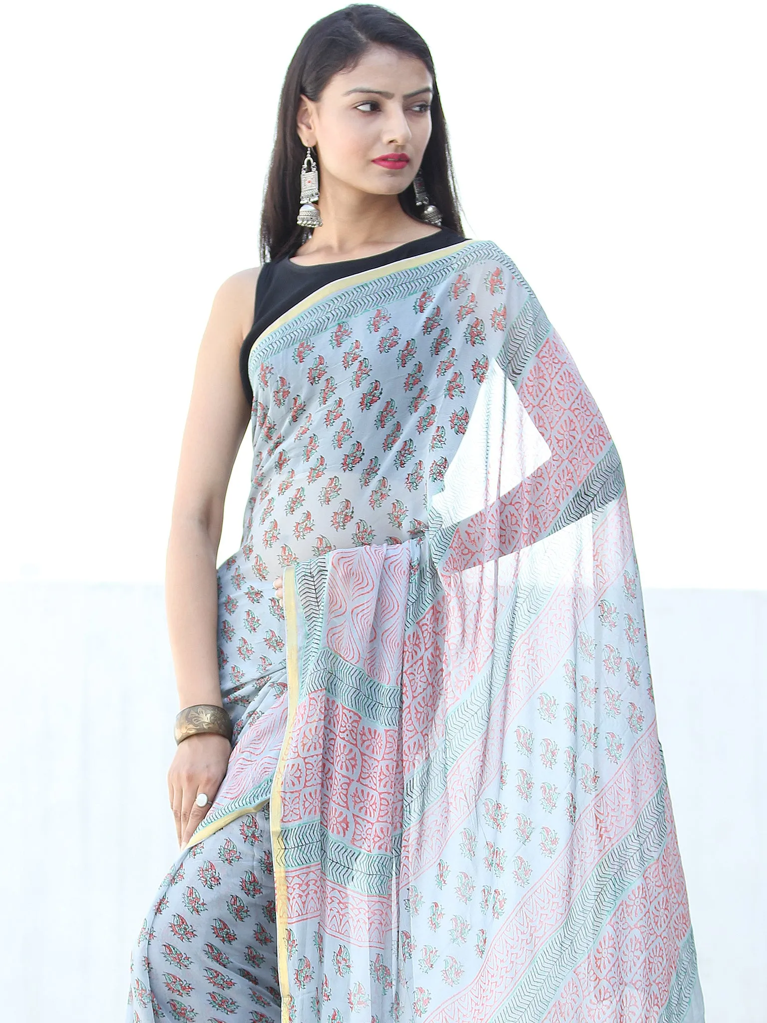 pastel Blue Pink Hand Block Printed Chiffon Saree with Zari Border - S031703938