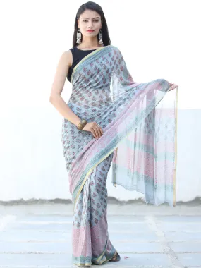 pastel Blue Pink Hand Block Printed Chiffon Saree with Zari Border - S031703938