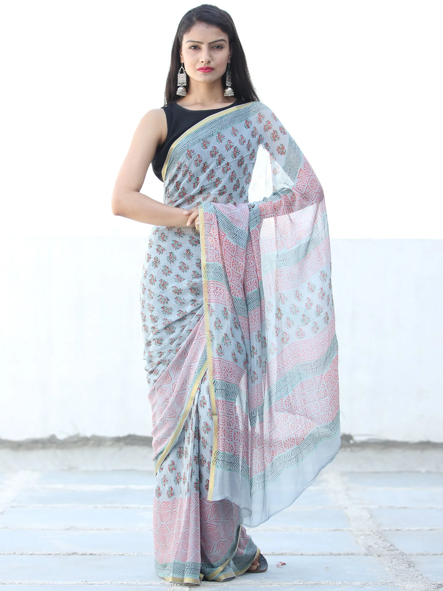 pastel Blue Pink Hand Block Printed Chiffon Saree with Zari Border - S031703938