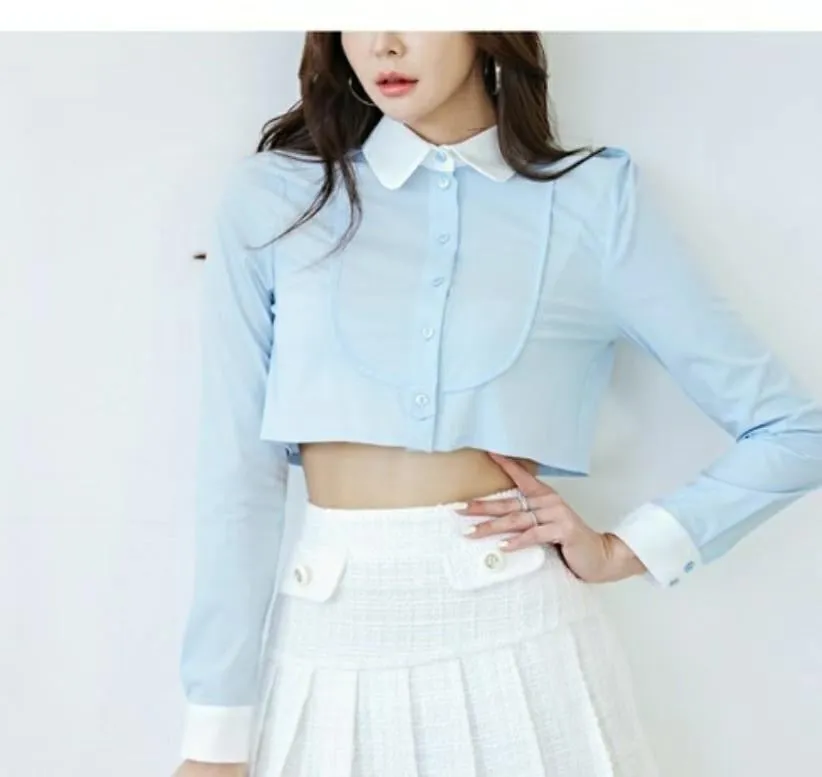 Pastel Crop White Collar Lapel Shirt