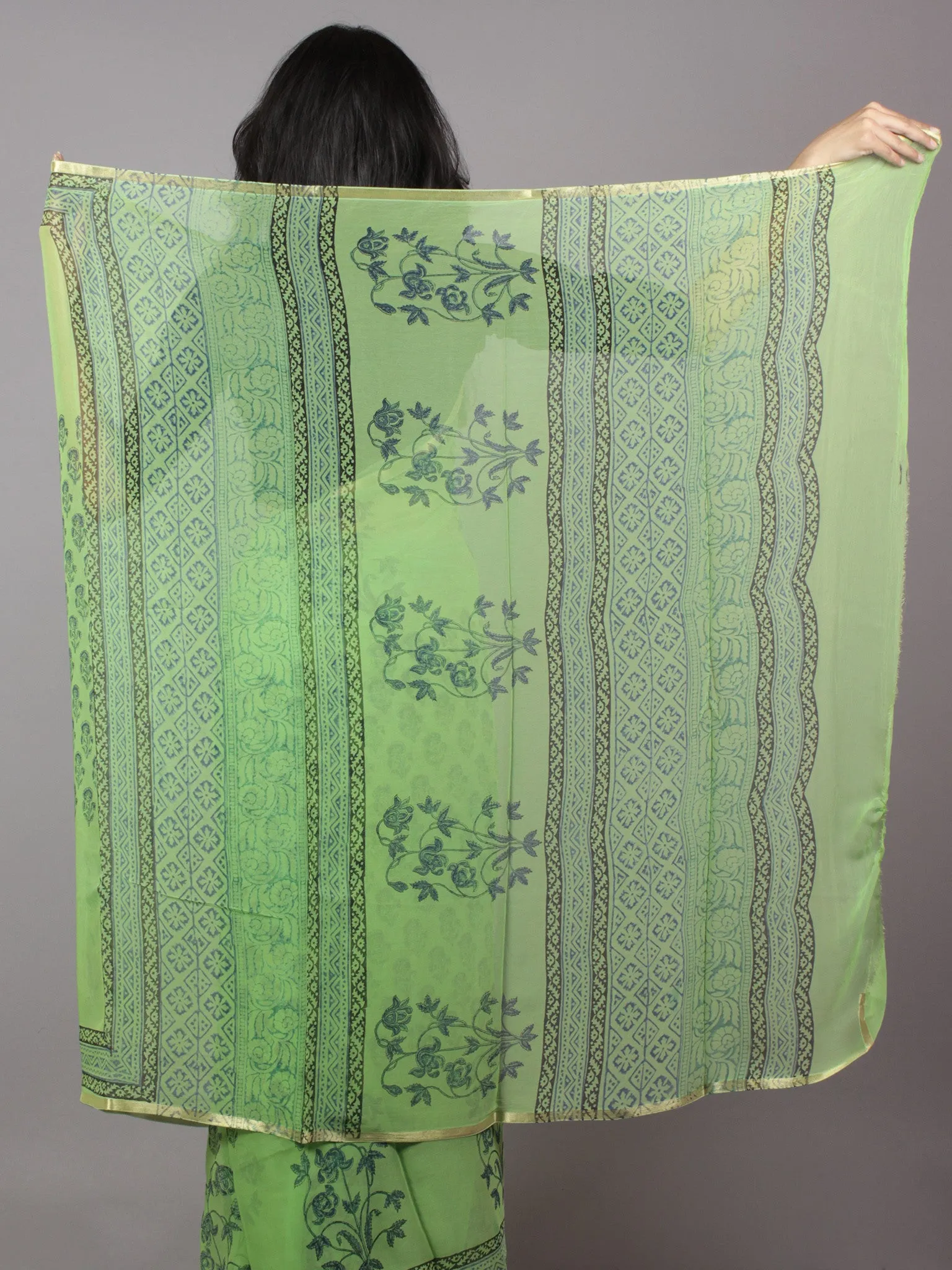 Pastel Green Blue Grey Hand Block Printed Chiffon Saree - S031701688