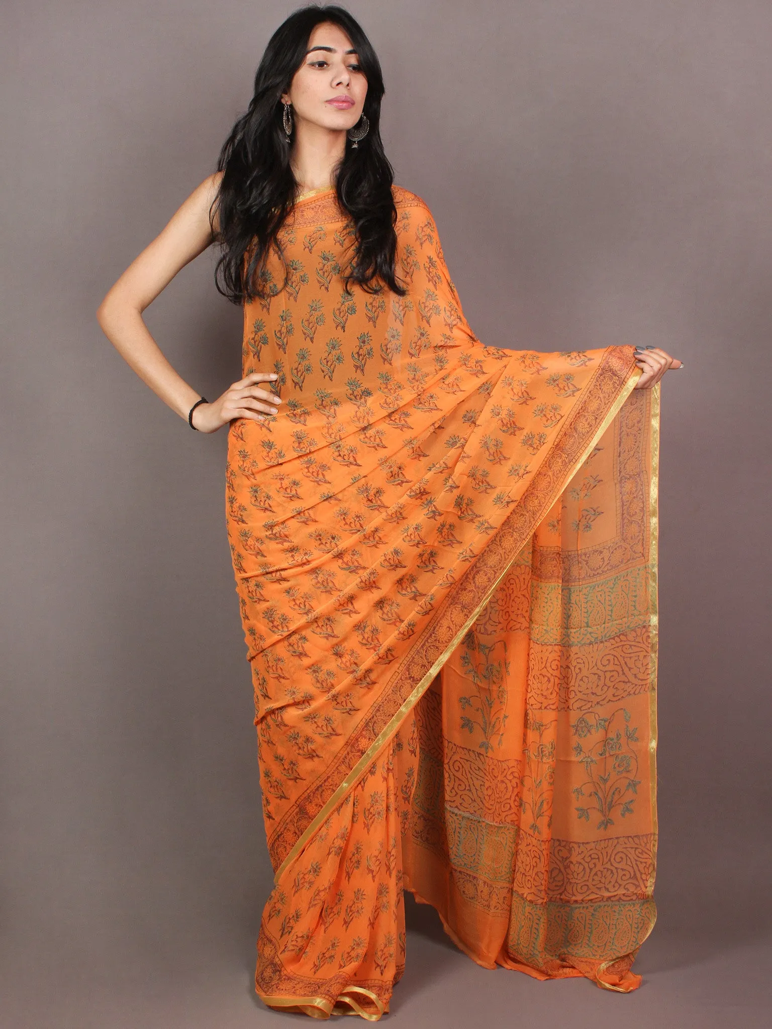 Pastel Orange Hand Block Printed in Natural Colors Chiffon Saree - S03170850