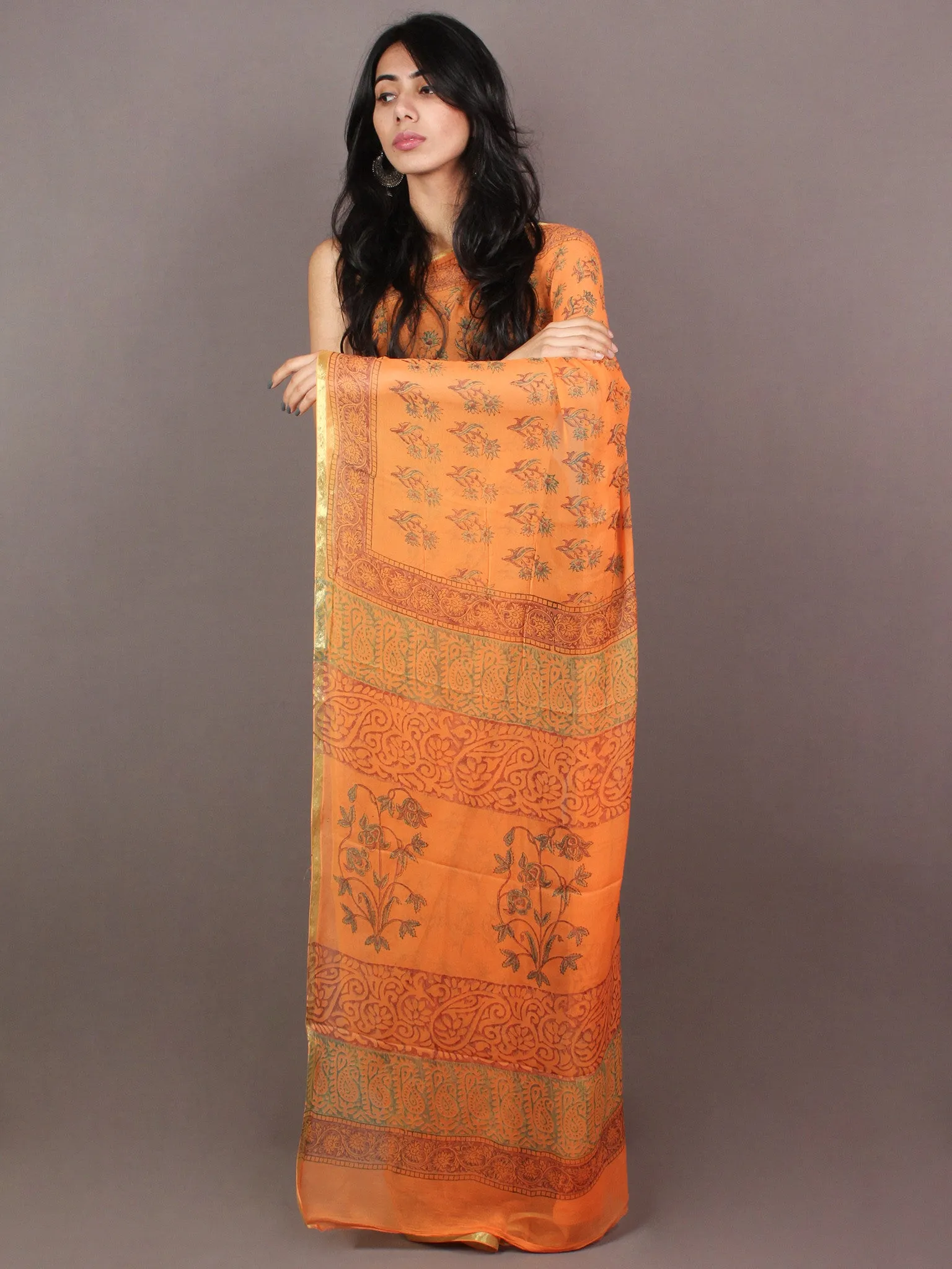 Pastel Orange Hand Block Printed in Natural Colors Chiffon Saree - S03170850