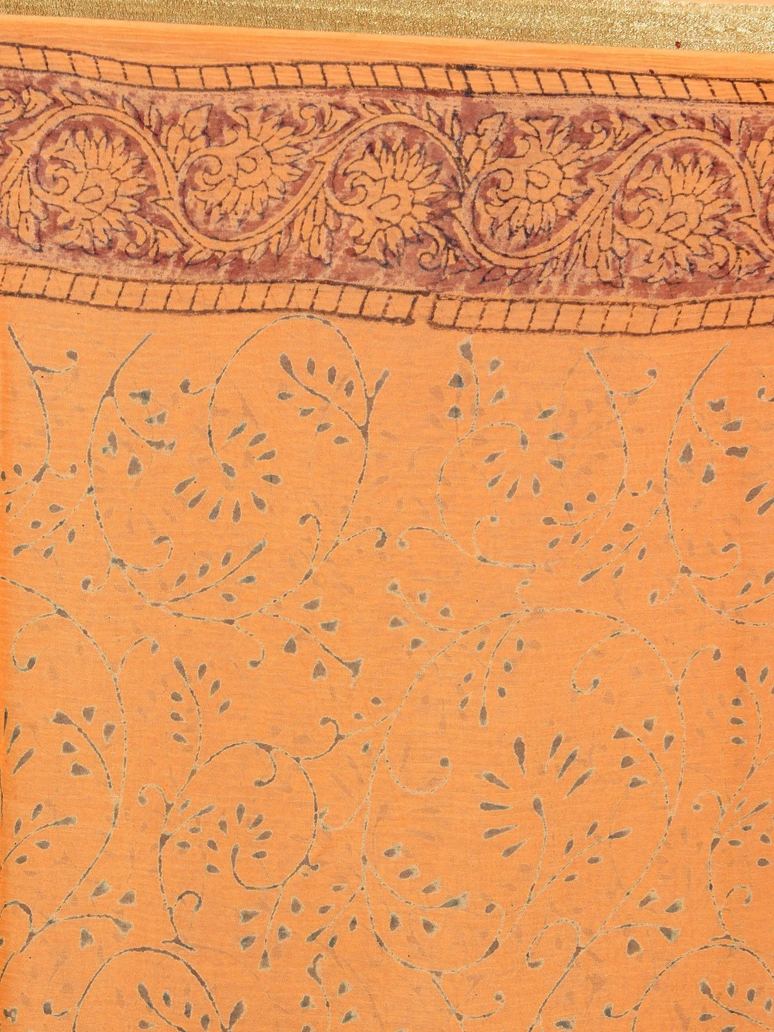 Pastel Orange Hand Block Printed in Natural Colors Chiffon Saree - S03170850