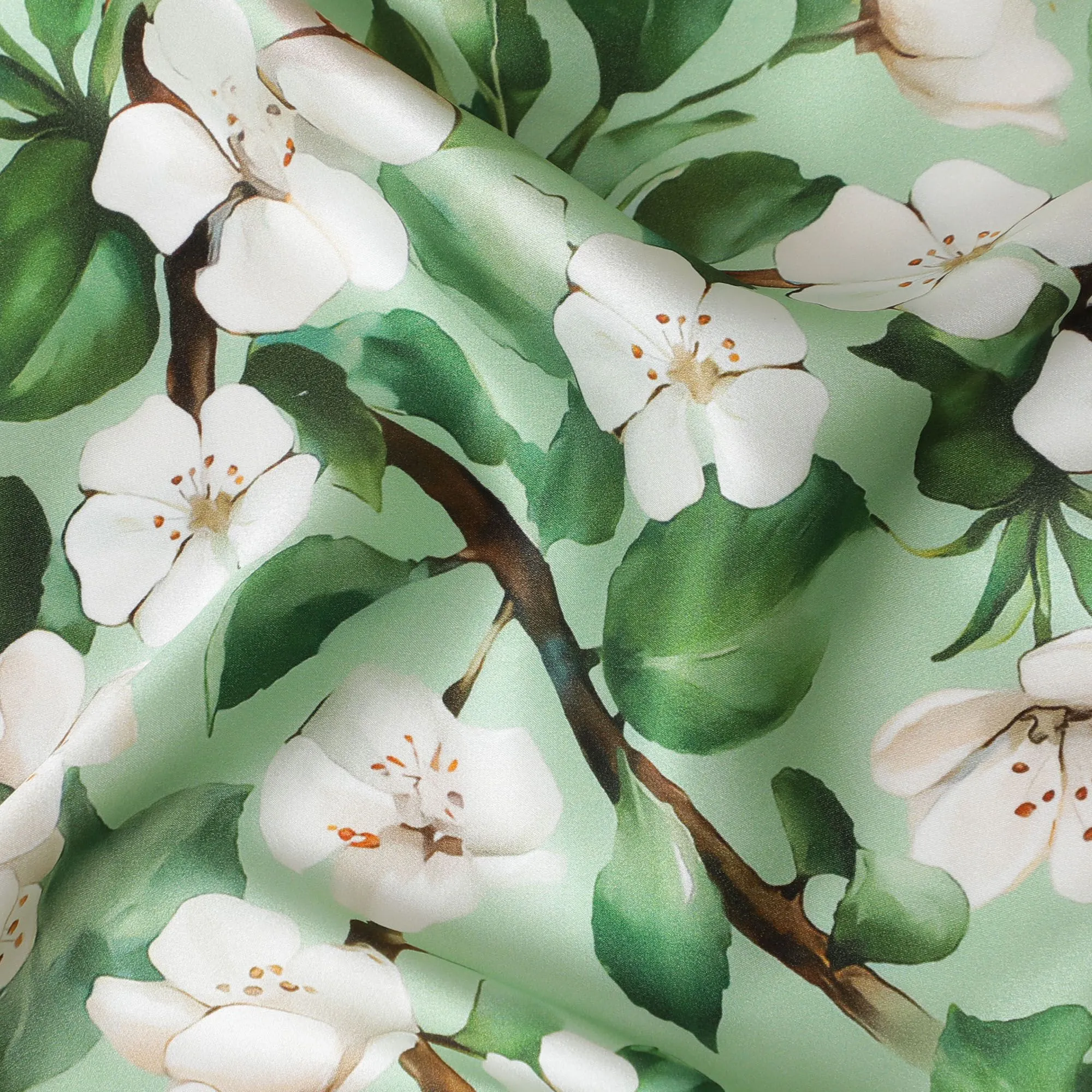 Premium Italian Pure Silk Satin Fabric with Delicate White Blossom Print, 140cm Wide-D18707