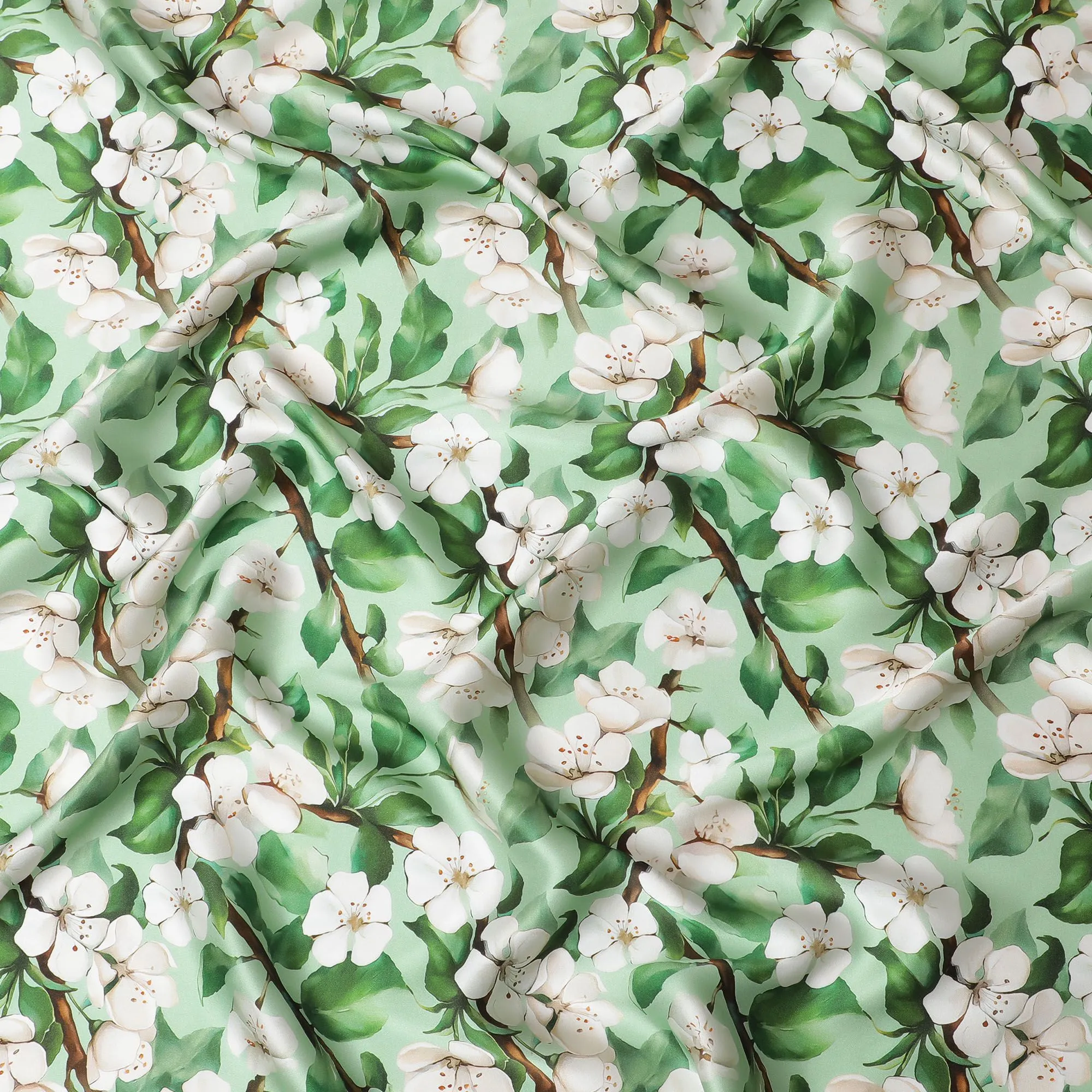 Premium Italian Pure Silk Satin Fabric with Delicate White Blossom Print, 140cm Wide-D18707