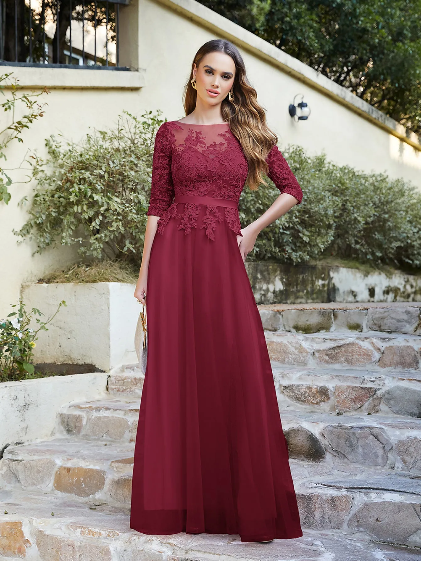 Round Neck Half Sleeves A line Tulle Lace Appliques Long Bridesmaid Dresses