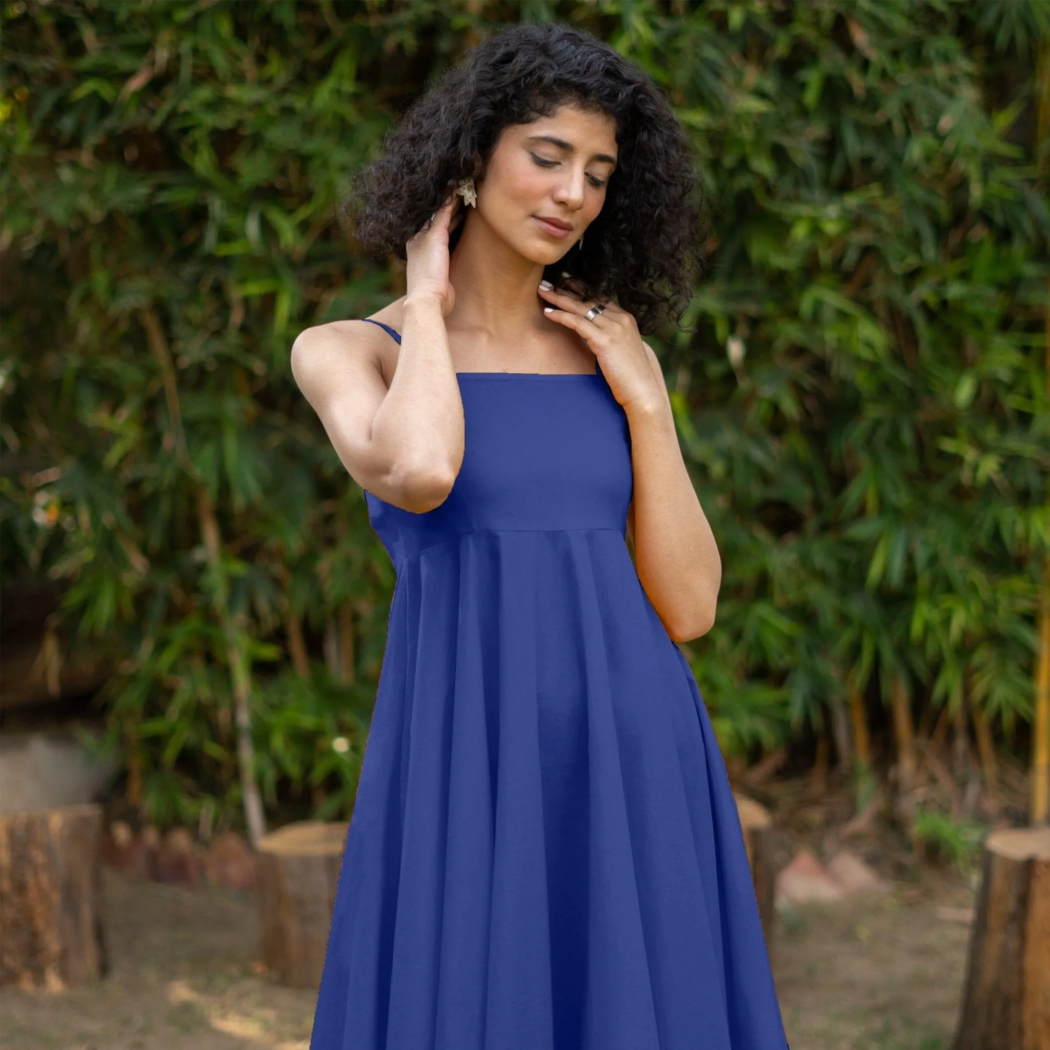 Royal Blue Cotton Poplin Fit and Flare Midi Empire Dress