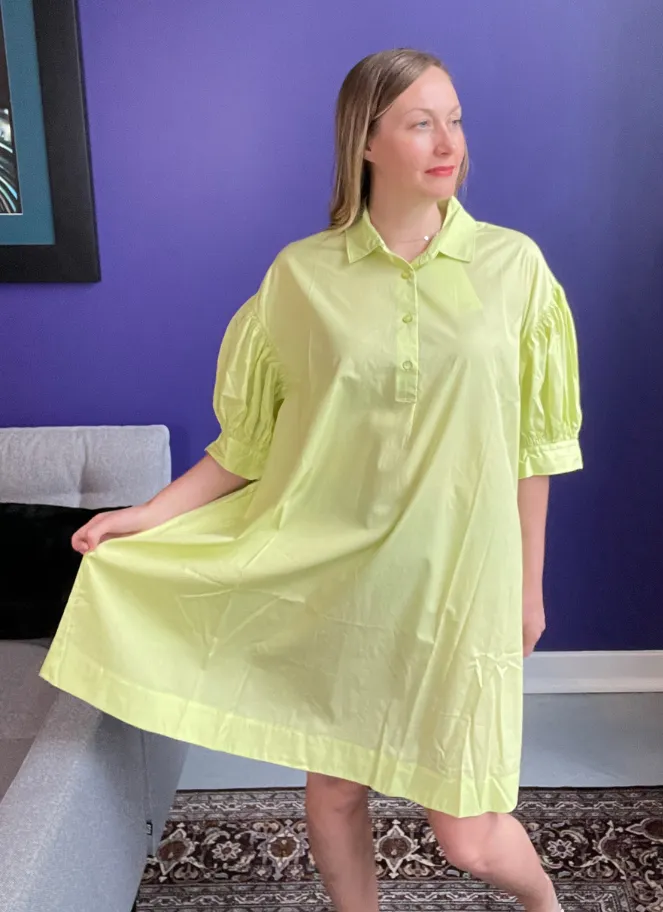 Shirt style dress with puffy sleeves in a yellow green colour by JNBY