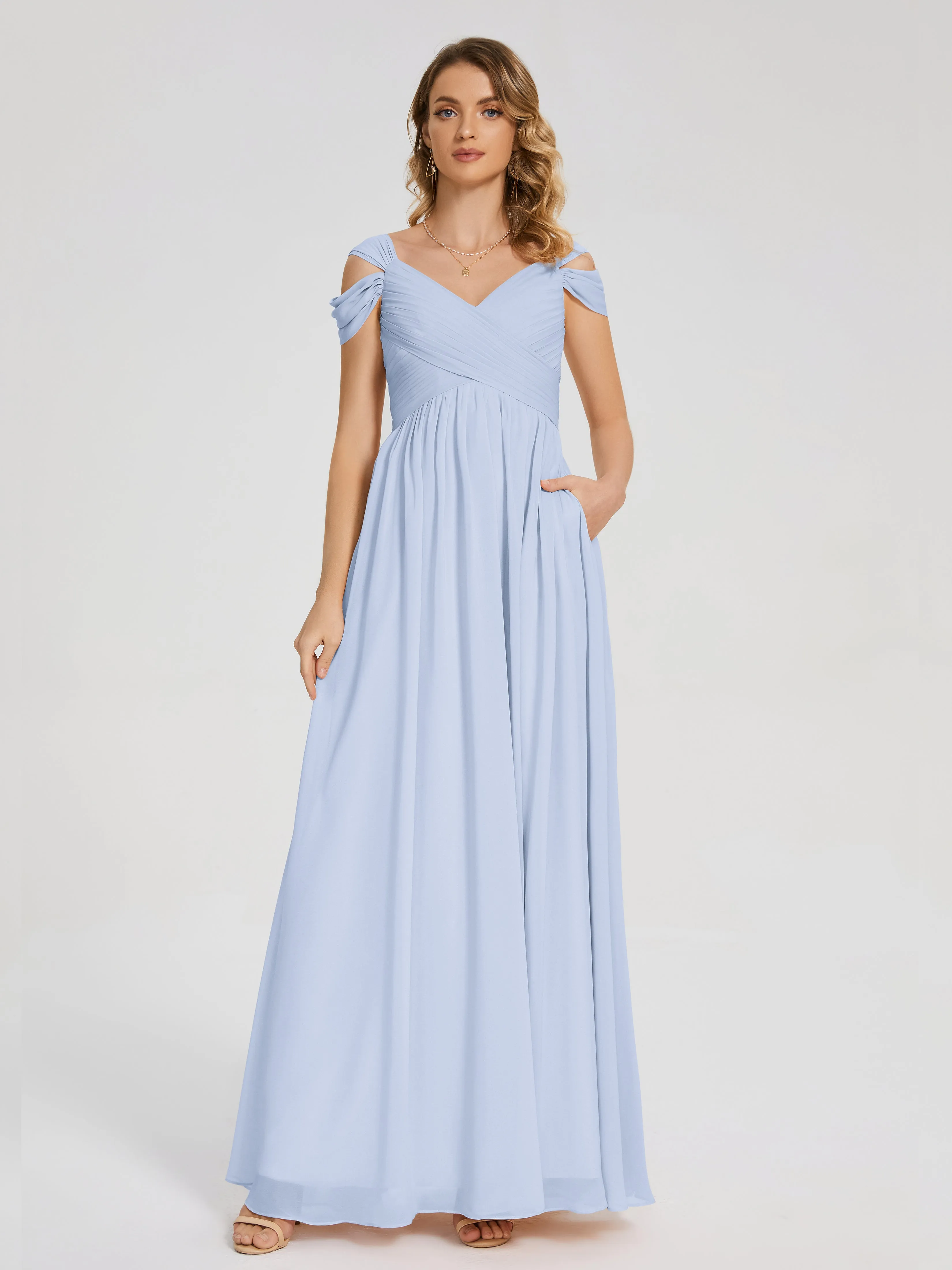 Sky Blue Dress Bridesmaid Charlee Flowy Split Chiffon Bridesmaid Dresses