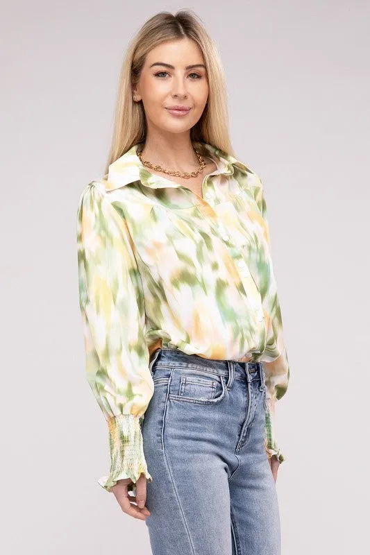 Springtime Watercolor Collared Long Sleeve Blouse