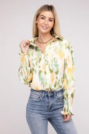 Springtime Watercolor Collared Long Sleeve Blouse