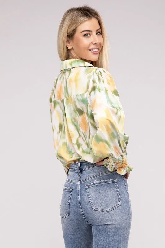 Springtime Watercolor Collared Long Sleeve Blouse