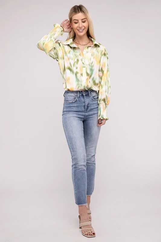 Springtime Watercolor Collared Long Sleeve Blouse