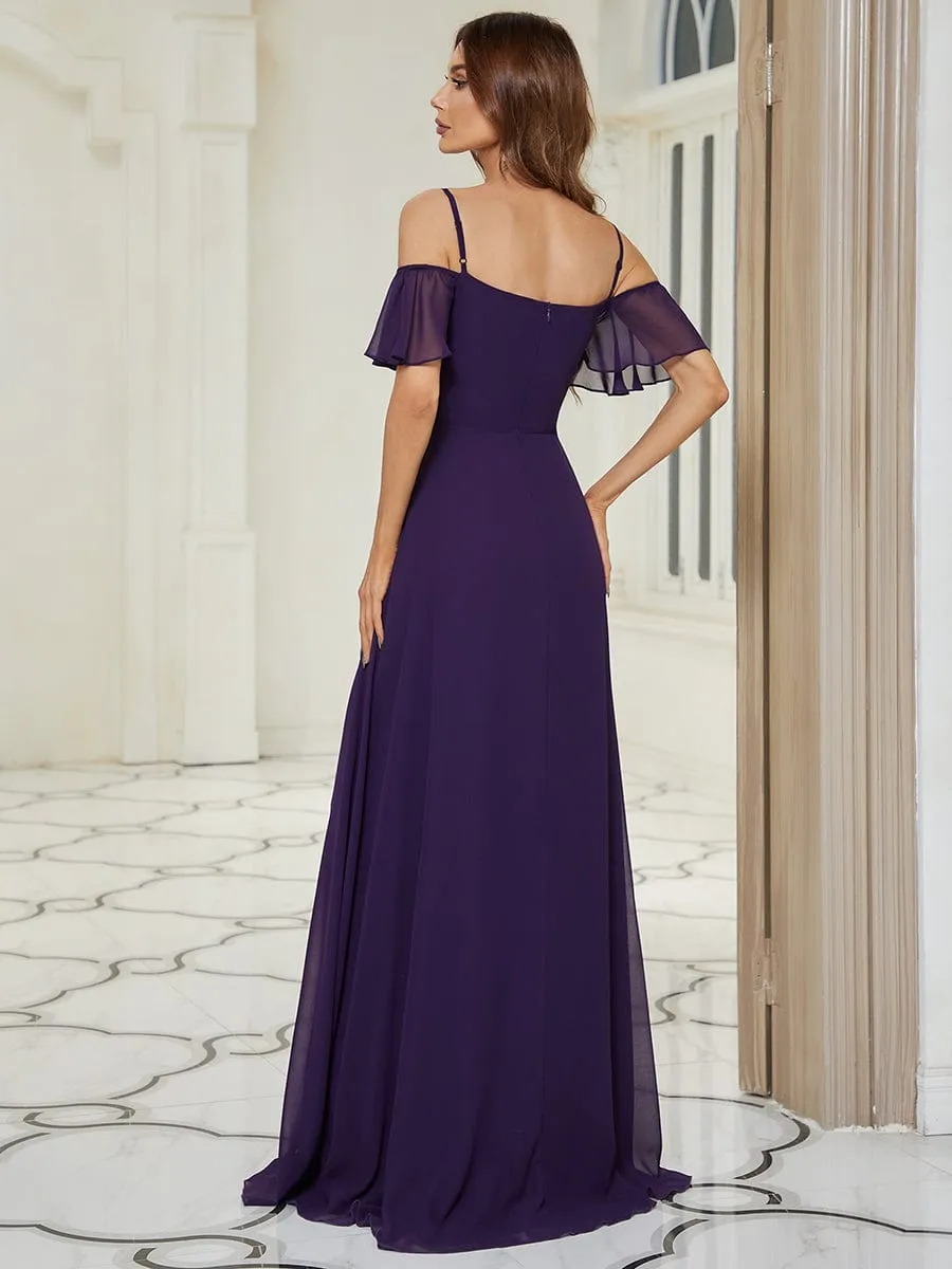 Stylish Cold Shoulder Flare Sleeves Flowy Bridesmaid Dress