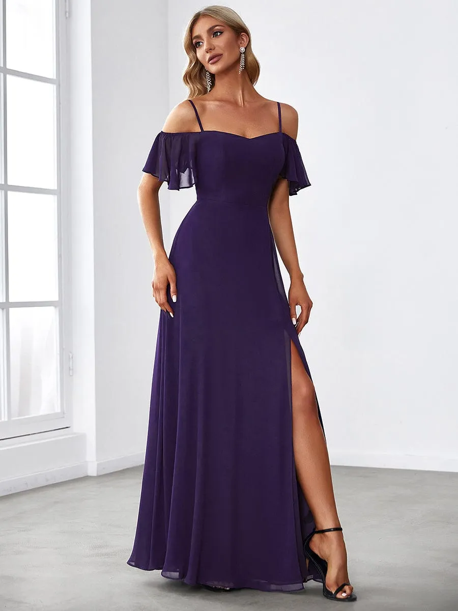 Stylish Cold Shoulder Flare Sleeves Flowy Bridesmaid Dress