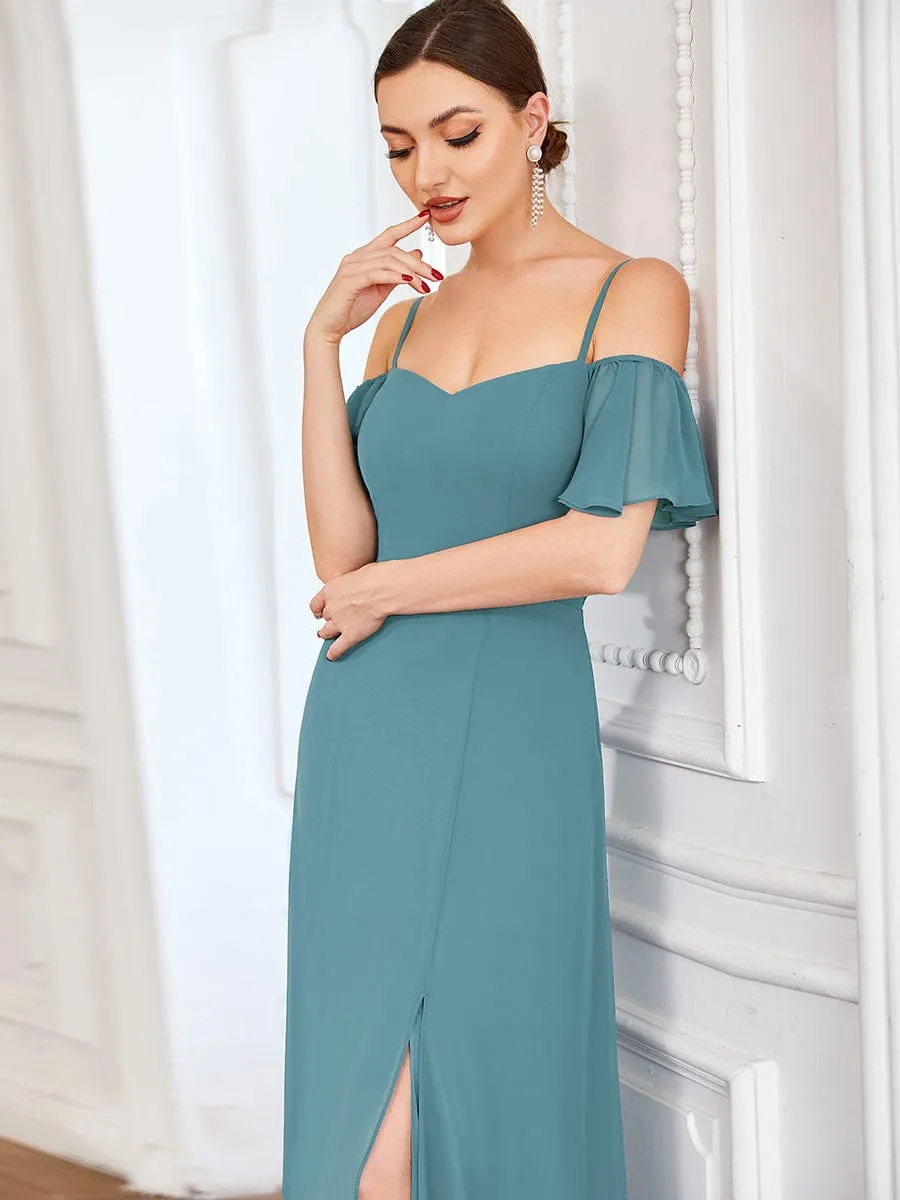 Stylish Cold Shoulder Flare Sleeves Flowy Bridesmaid Dress