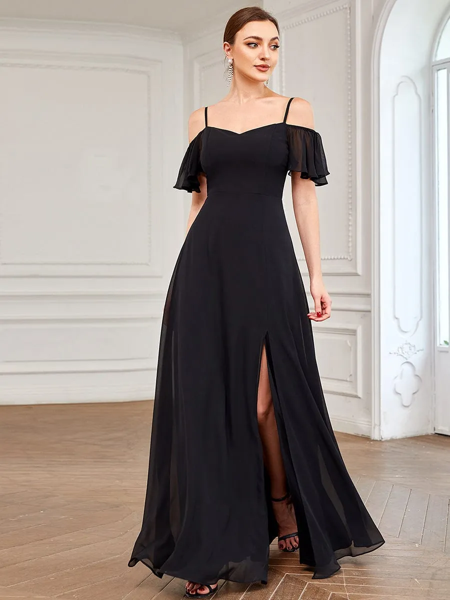 Stylish Cold Shoulder Flare Sleeves Flowy Bridesmaid Dress