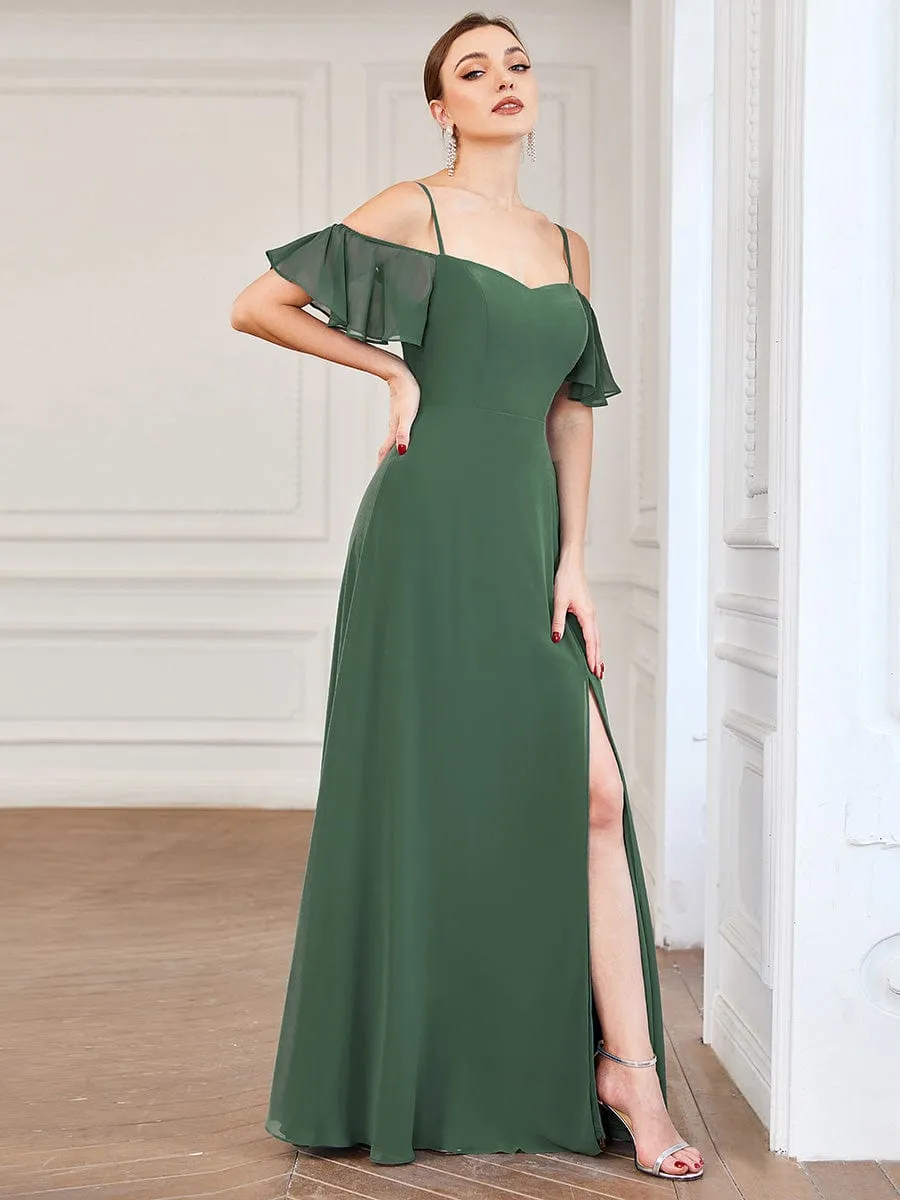 Stylish Cold Shoulder Flare Sleeves Flowy Bridesmaid Dress