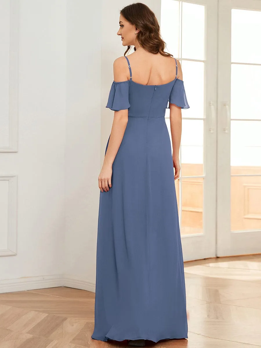 Stylish Cold Shoulder Flare Sleeves Flowy Bridesmaid Dress