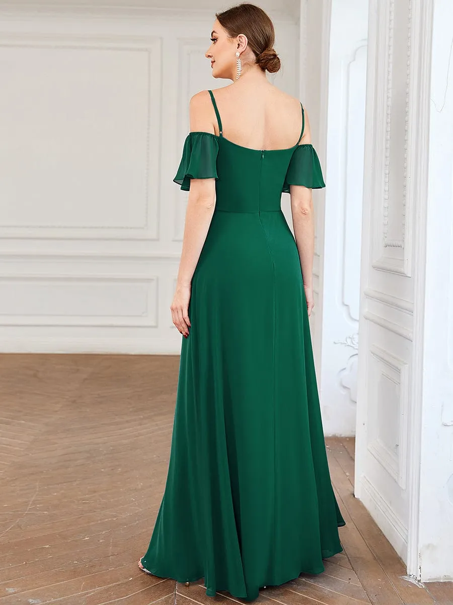 Stylish Cold Shoulder Flare Sleeves Flowy Bridesmaid Dress