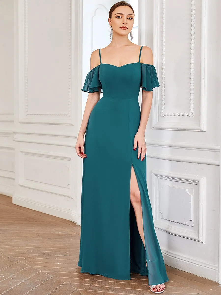 Stylish Cold Shoulder Flare Sleeves Flowy Bridesmaid Dress