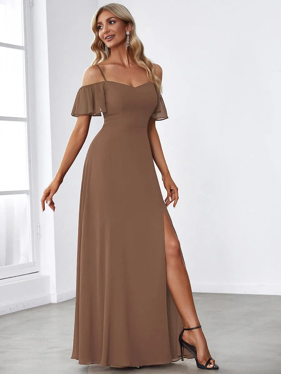 Stylish Cold Shoulder Flare Sleeves Flowy Bridesmaid Dress