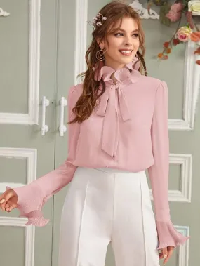 Tie Neck Pleated Ruffle Trim Solid Blouse