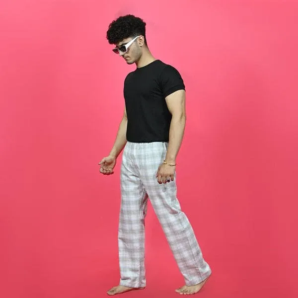 Unisex Checked Loungewear Comfy Soft Light Grey Cotton Trouser