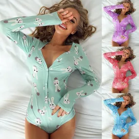 Women's Fashion Long Sleeve Pajamas Romper Sexy V Neck Bunny Print Jumpsuit Comfortable Soft Sleepwear